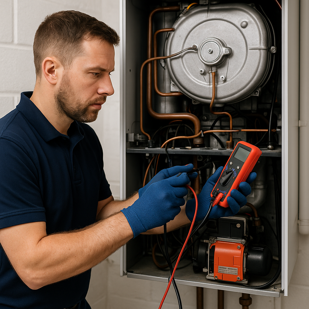 Service technician performing maintenance on an oil boiler