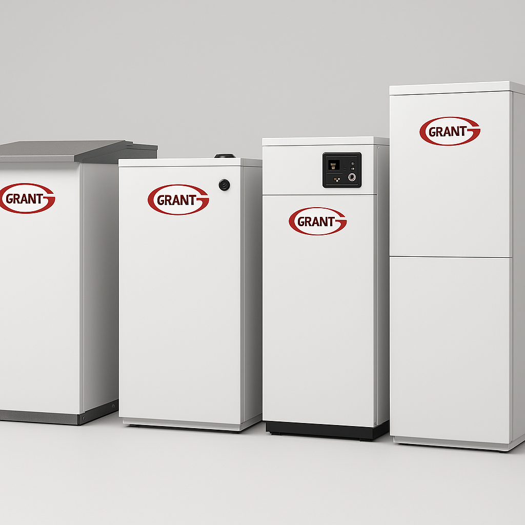 Different models of Grant oil boilers displayed side by side